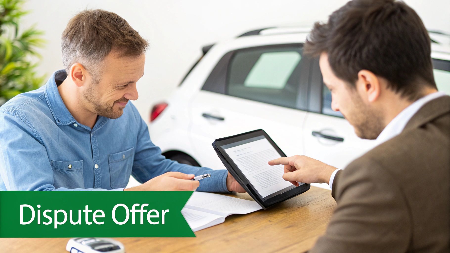 Two men discuss a document on a tablet, possibly a car dispute offer, with a car in the background.