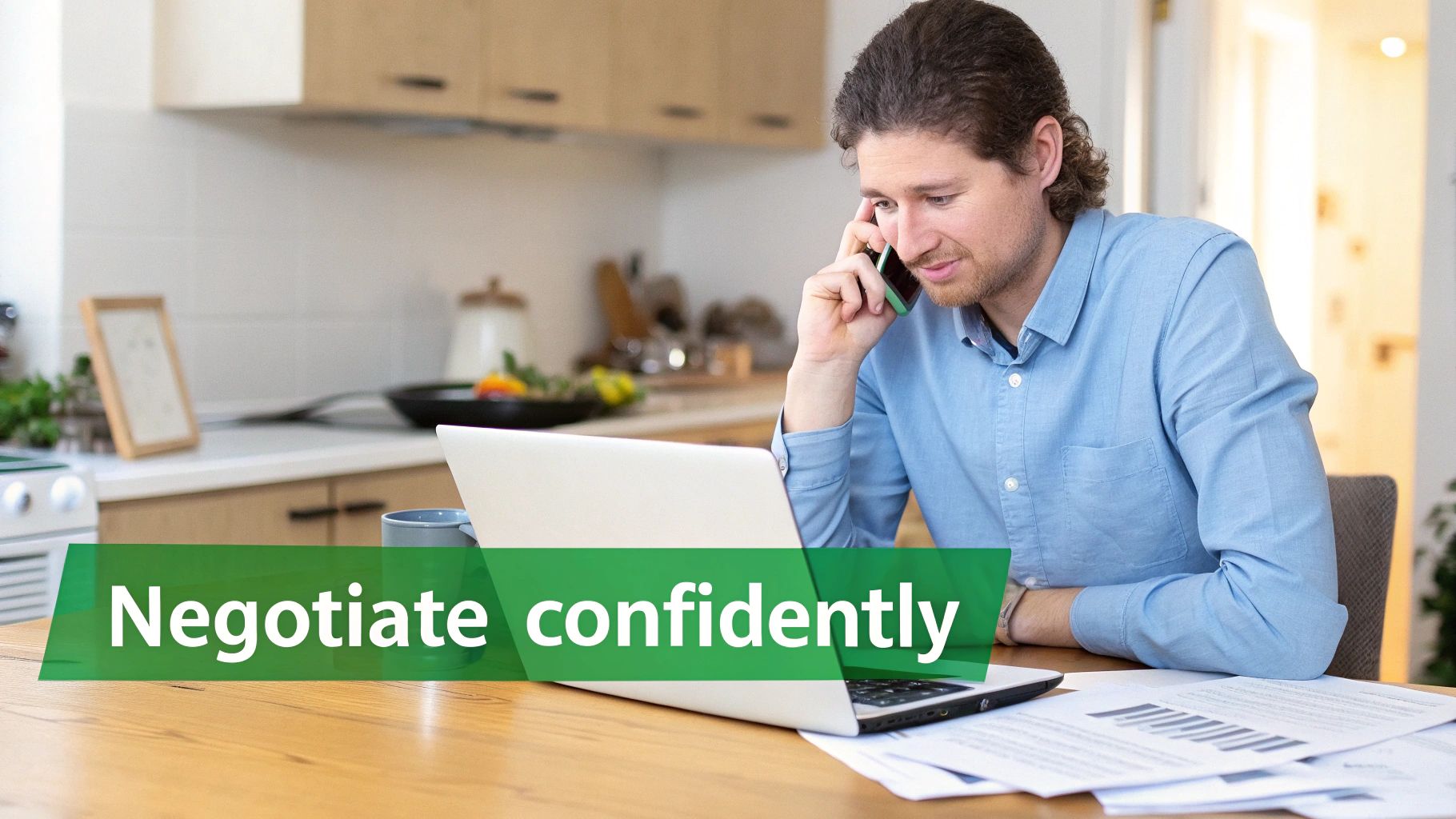 Professional man negotiating diminished value claim with insurance company on phone at home office