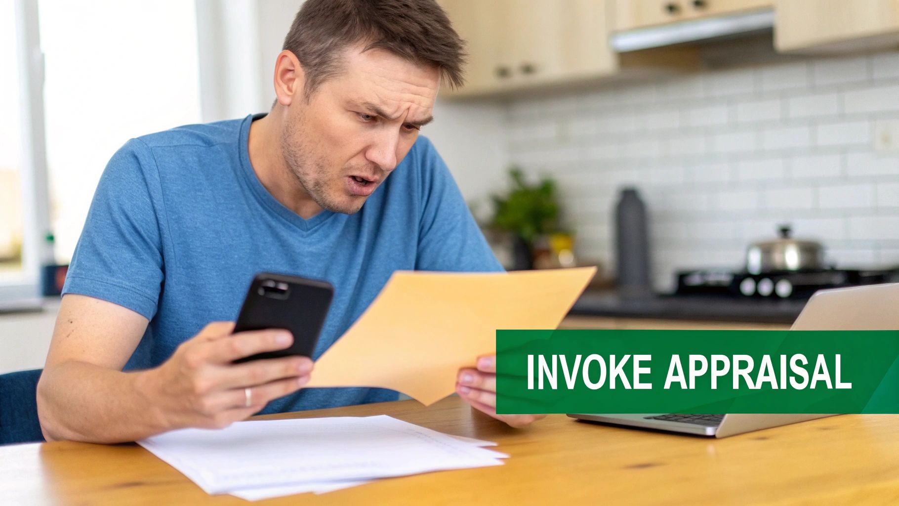 A person reviewing an insurance policy document with a magnifying glass, focusing on the appraisal clause section.