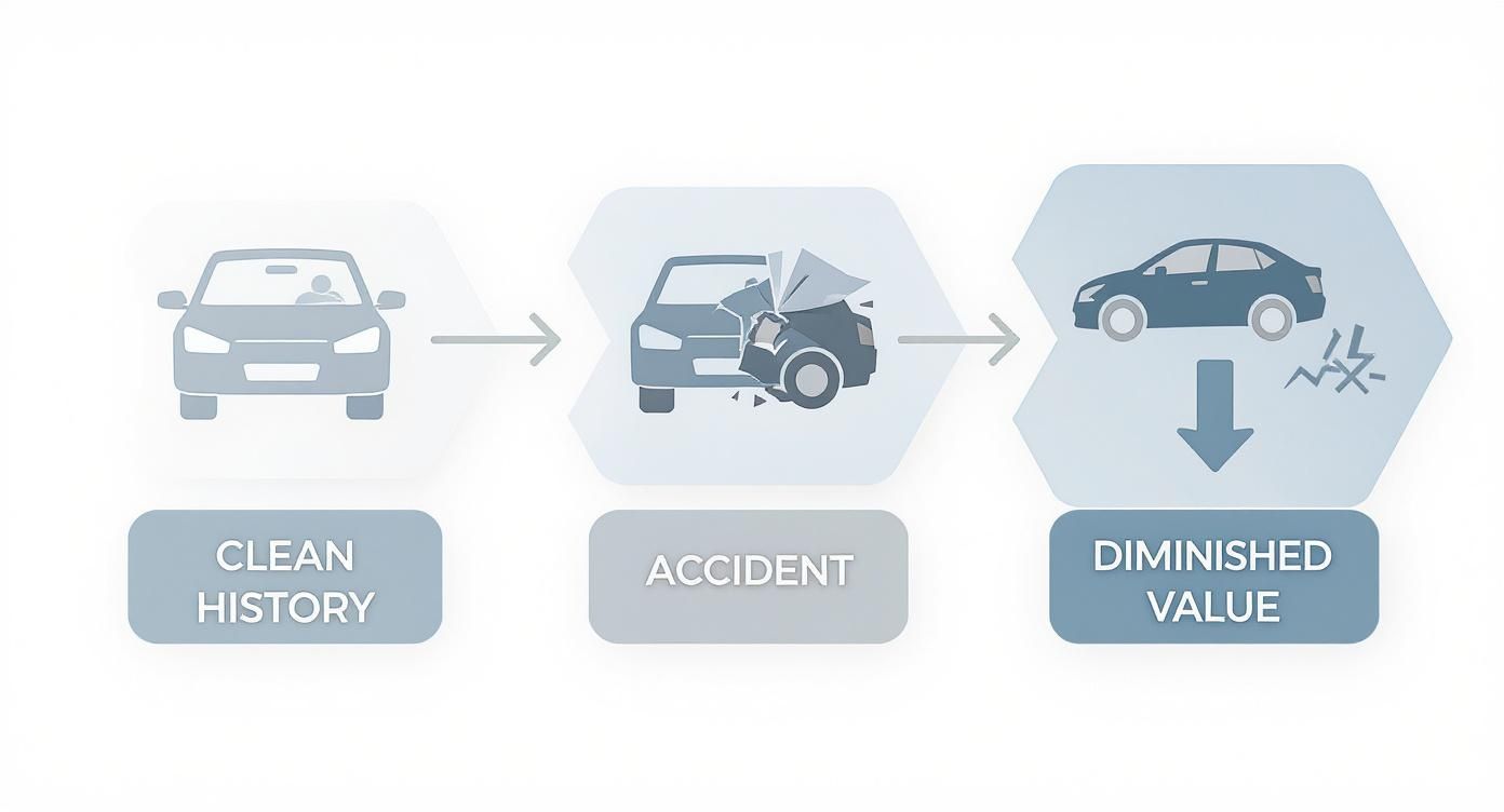 A flow diagram illustrating a clean car's history, an accident, and subsequent diminished vehicle value.