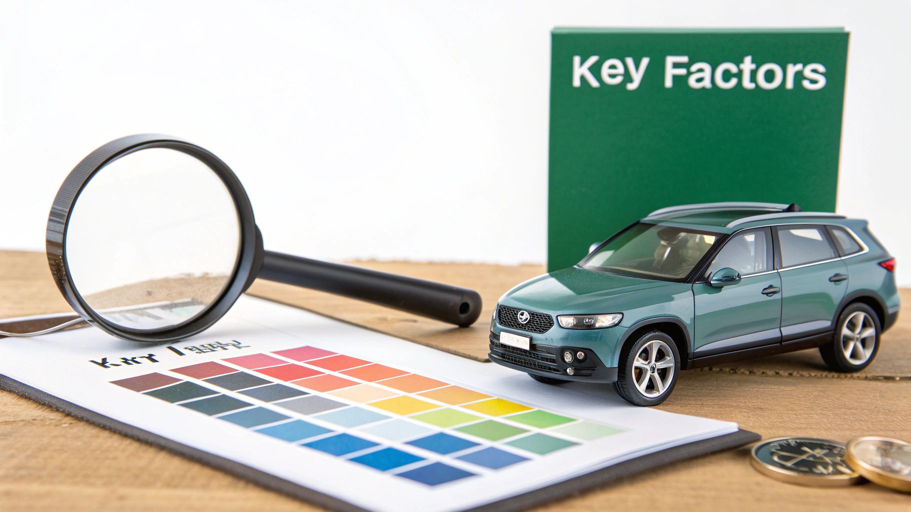 A toy SUV, magnifying glass, color swatches, and a "Key Factors" box, all on a wooden desk.