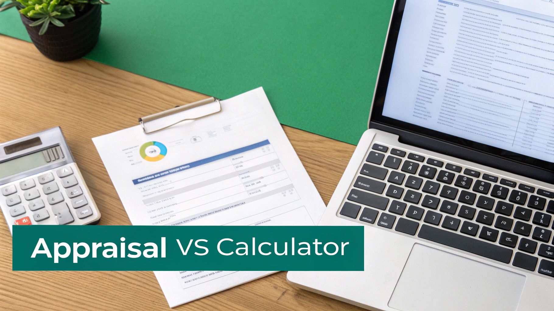 A flat lay of a modern workspace with a laptop, calculator, document, and a plant, titled 'Appraisal VS Calculator'.