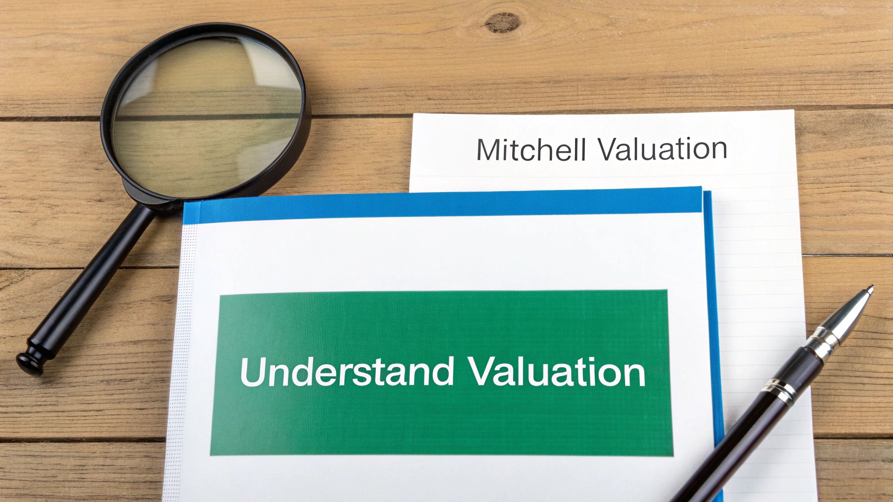 A magnifying glass, pen, and documents titled 'Mitchell Valuation' and 'Understand Valuation' on a wooden desk.