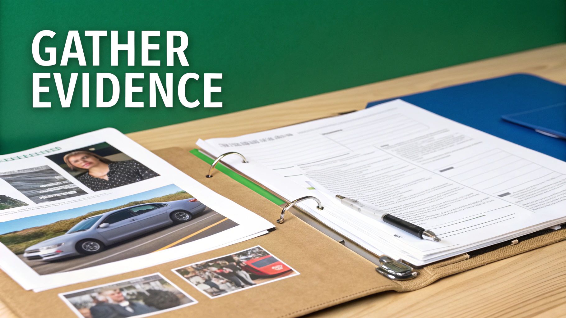 Open binder displaying evidence photos and documents, a pen, and 'GATHER EVIDENCE' text.