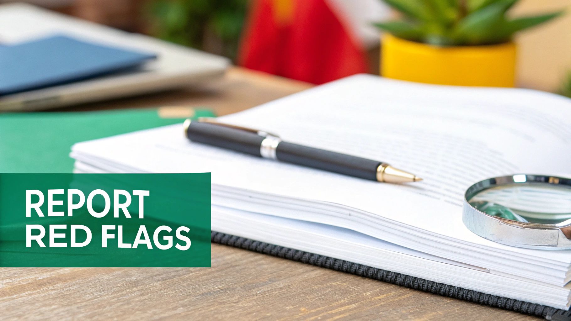 A close-up of a pen and magnifying glass on an open report with a green banner stating 'REPORT RED FLAGS'.
