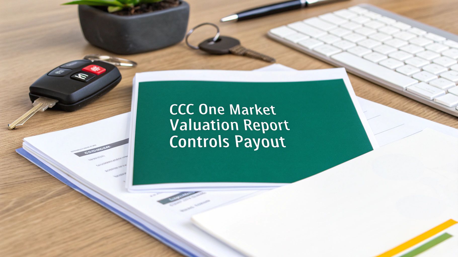 A green folder titled 'CCC One Market Valuation Report' displayed on a wooden desk with car keys and keyboard.