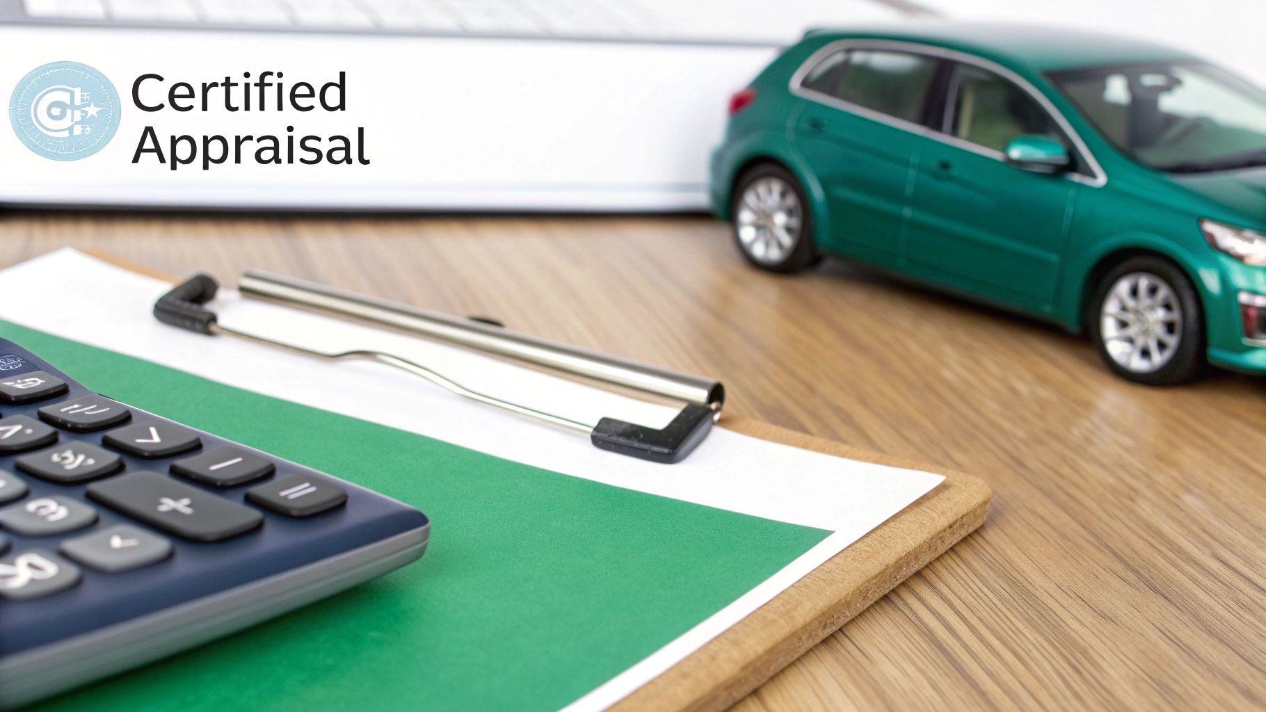 A desk with a calculator, clipboard, pen, and a green toy car, featuring 'Certified Appraisal' text.