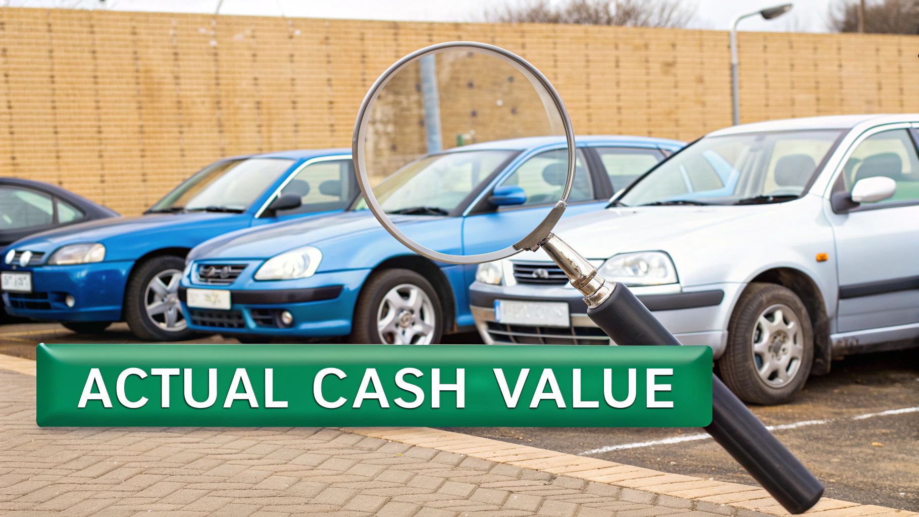 Magnifying glass inspecting used cars with 'ACTUAL CASH VALUE' on a green banner.