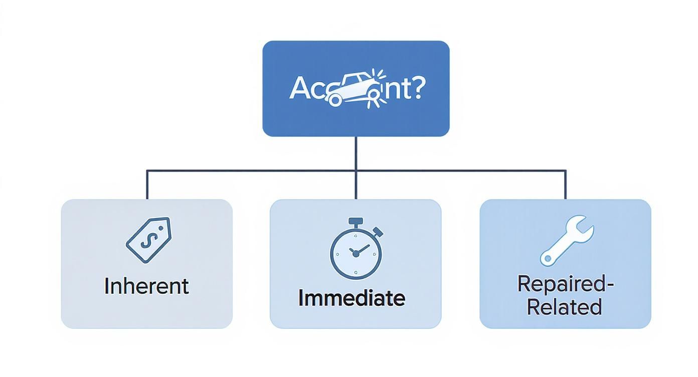 Infographic detailing the three types of diminished value claims: Inherent, Immediate, and Repair-Related.