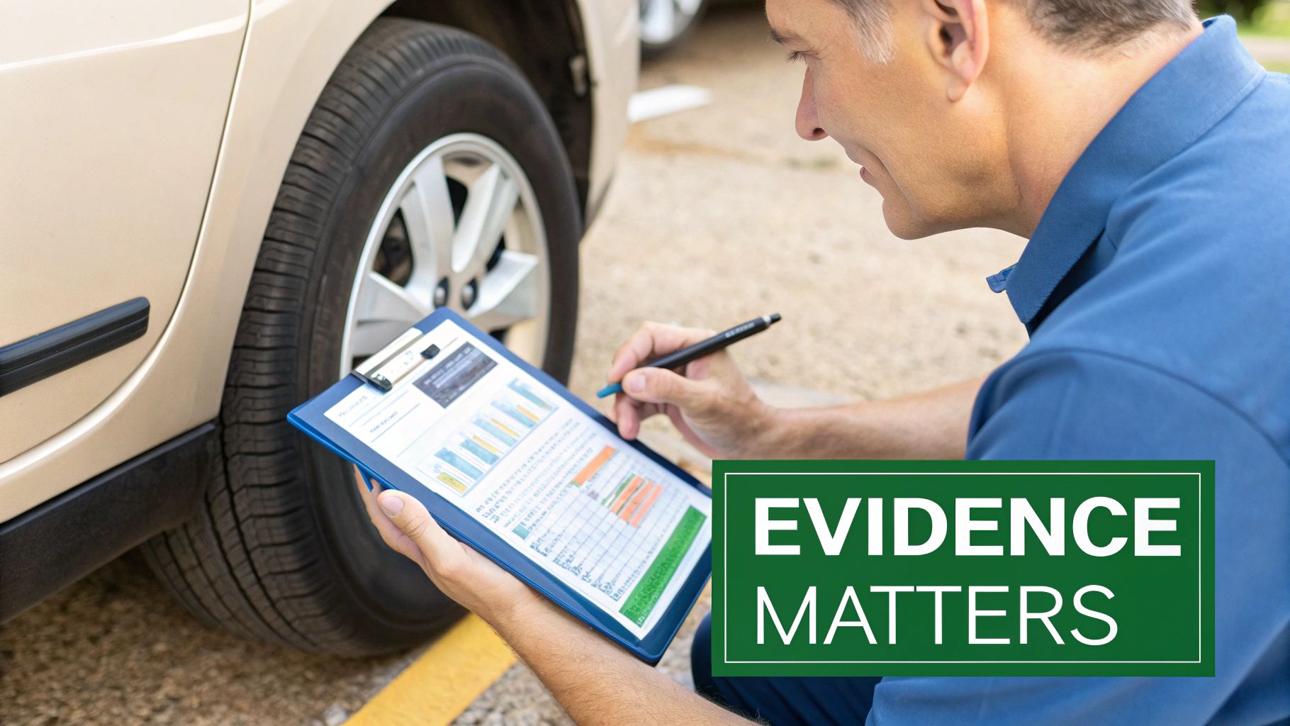 Insurance adjuster documenting vehicle damage evidence with clipboard and charts for appraisal process