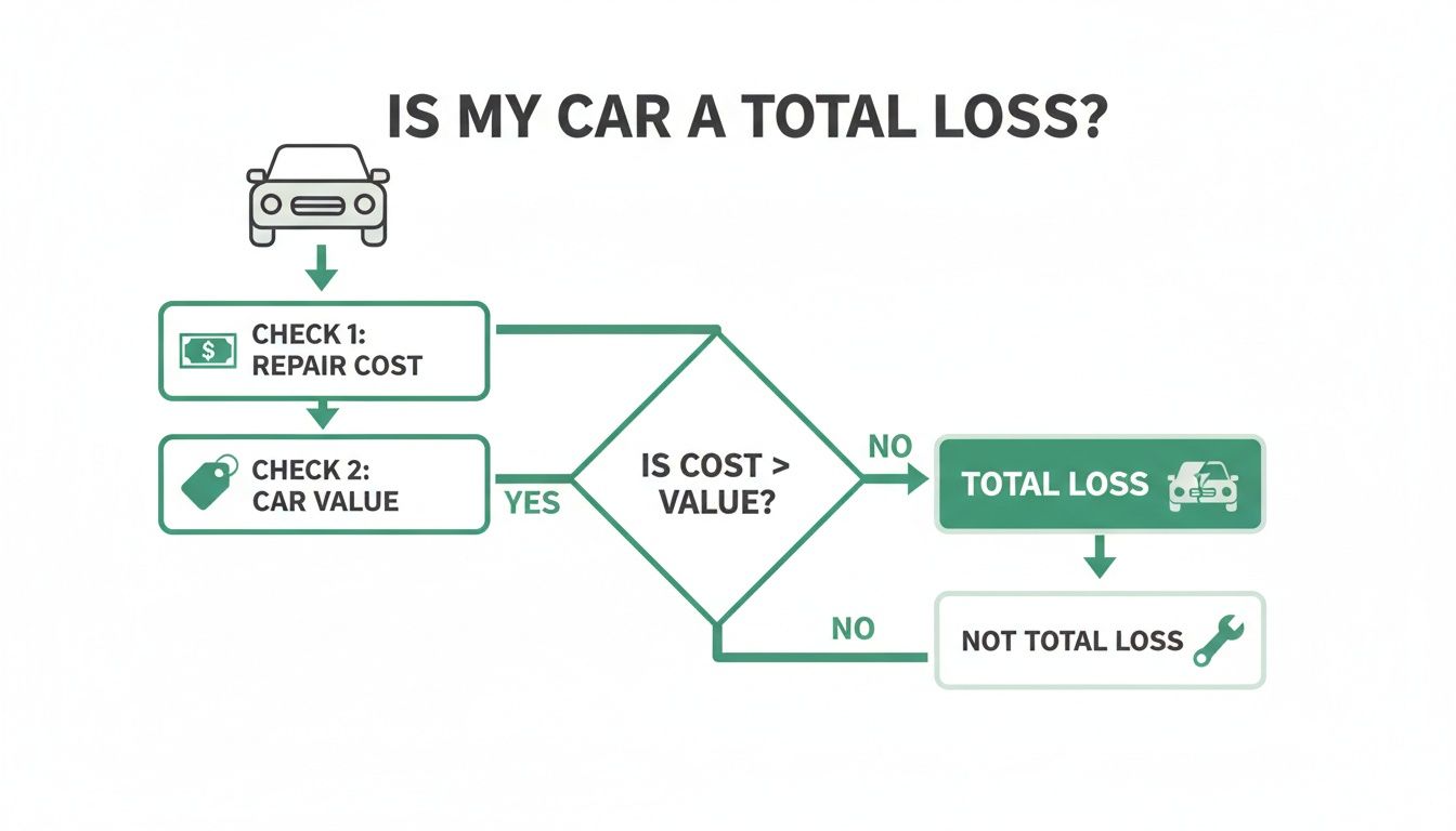 A flowchart titled 'Is my car a total loss?' comparing repair cost to car value.