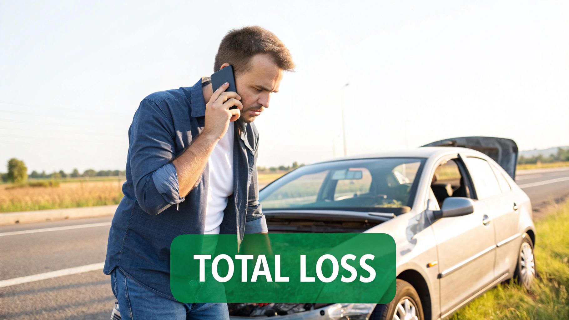 A concerned man on a phone call next to his damaged car on the roadside, with 'TOTAL LOSS' text.