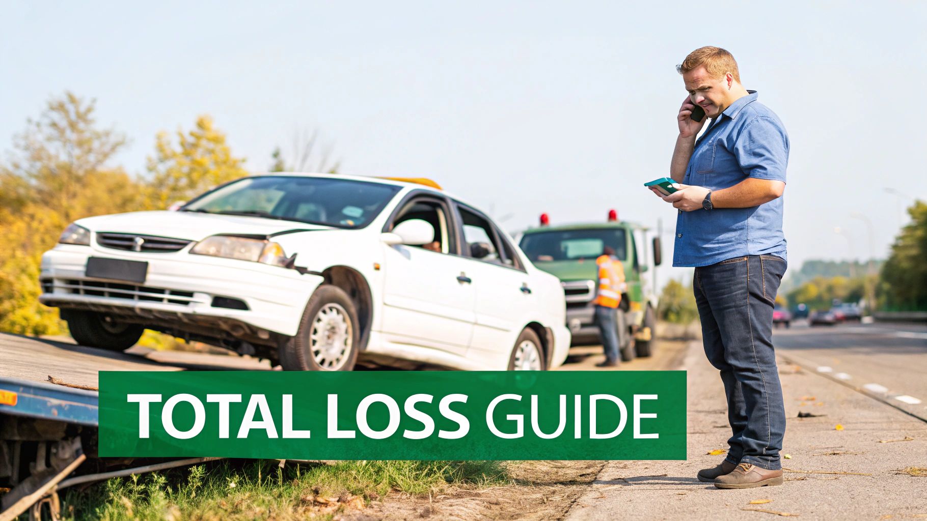 Damaged white car on a tow truck ramp with a man calling, indicating a total loss scenario.