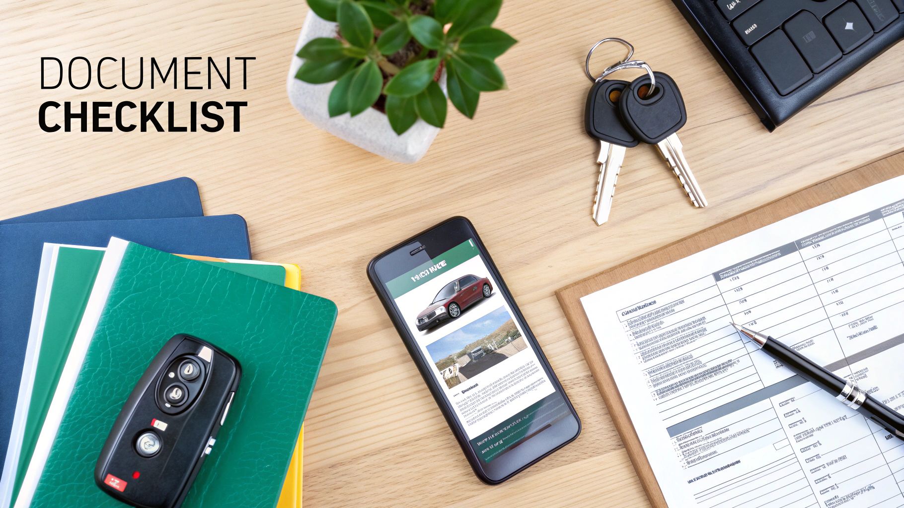 A flat lay of a wooden desk with a 'Document Checklist', smartphone showing a car, car keys, and appraisal forms.