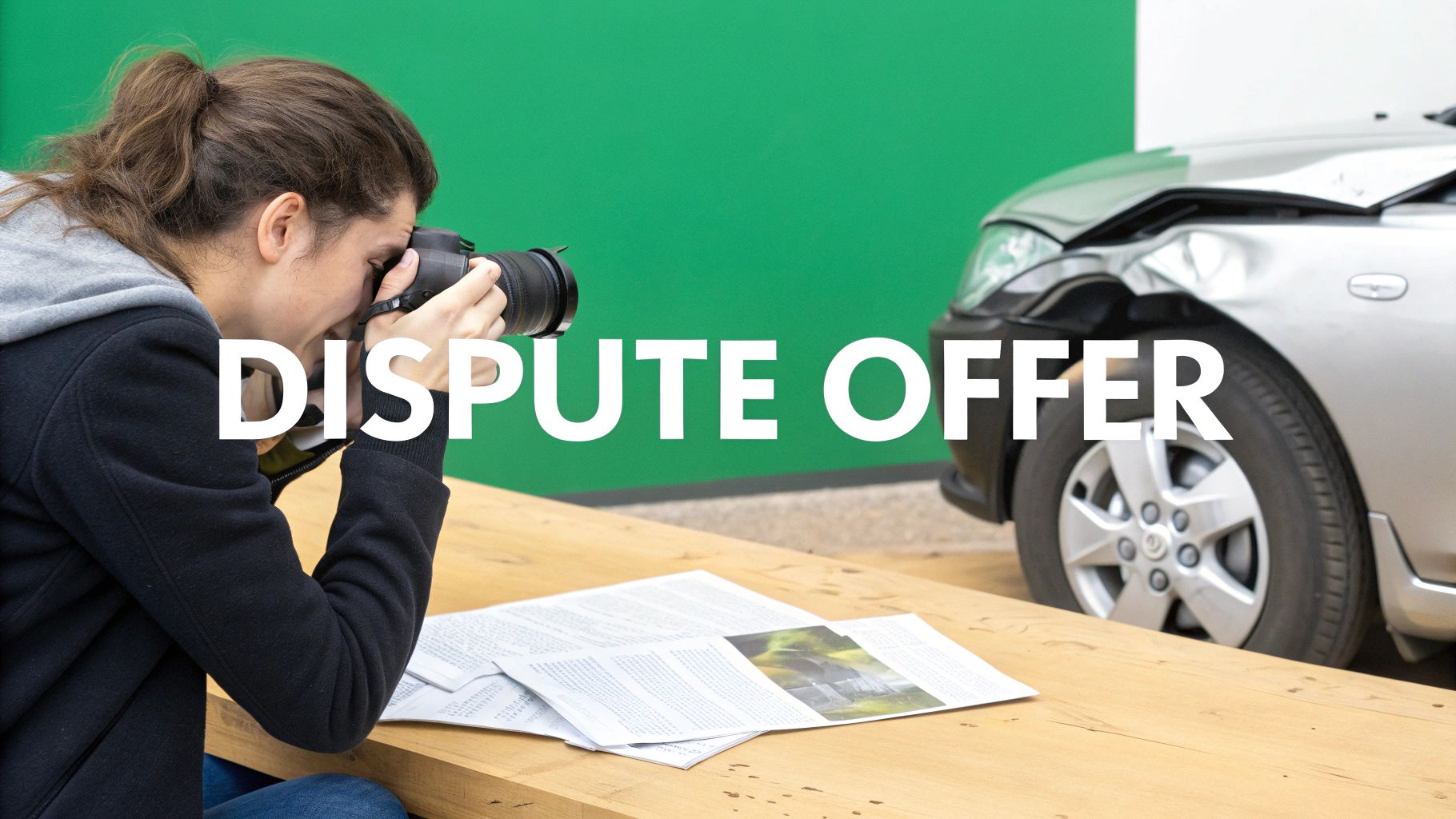 A person sitting at a desk, reviewing documents and making a phone call, looking determined while negotiating.