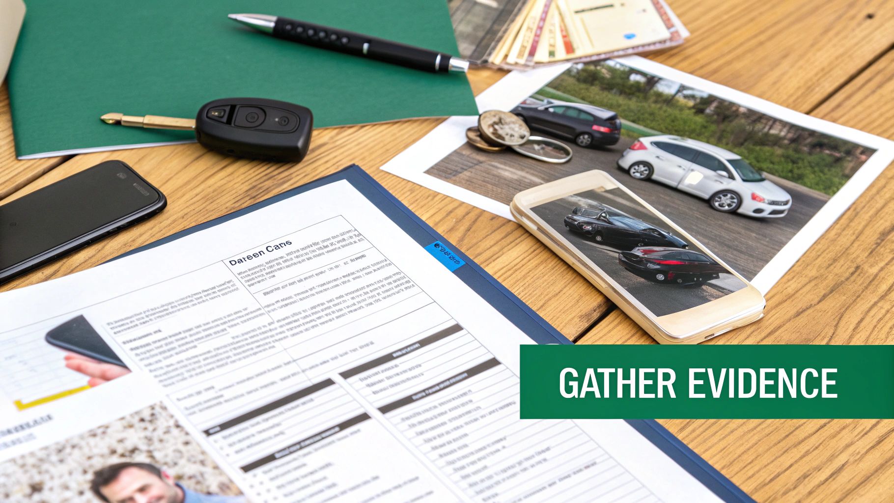 People reviewing documents and photos for a diminished value claim.