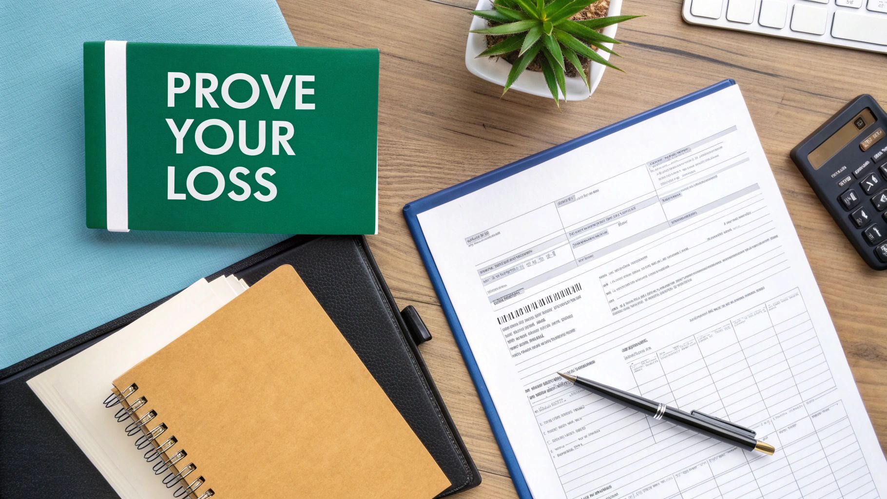 Desk with 'PROVE YOUR LOSS' book, financial forms, pen, and calculator for claims.
