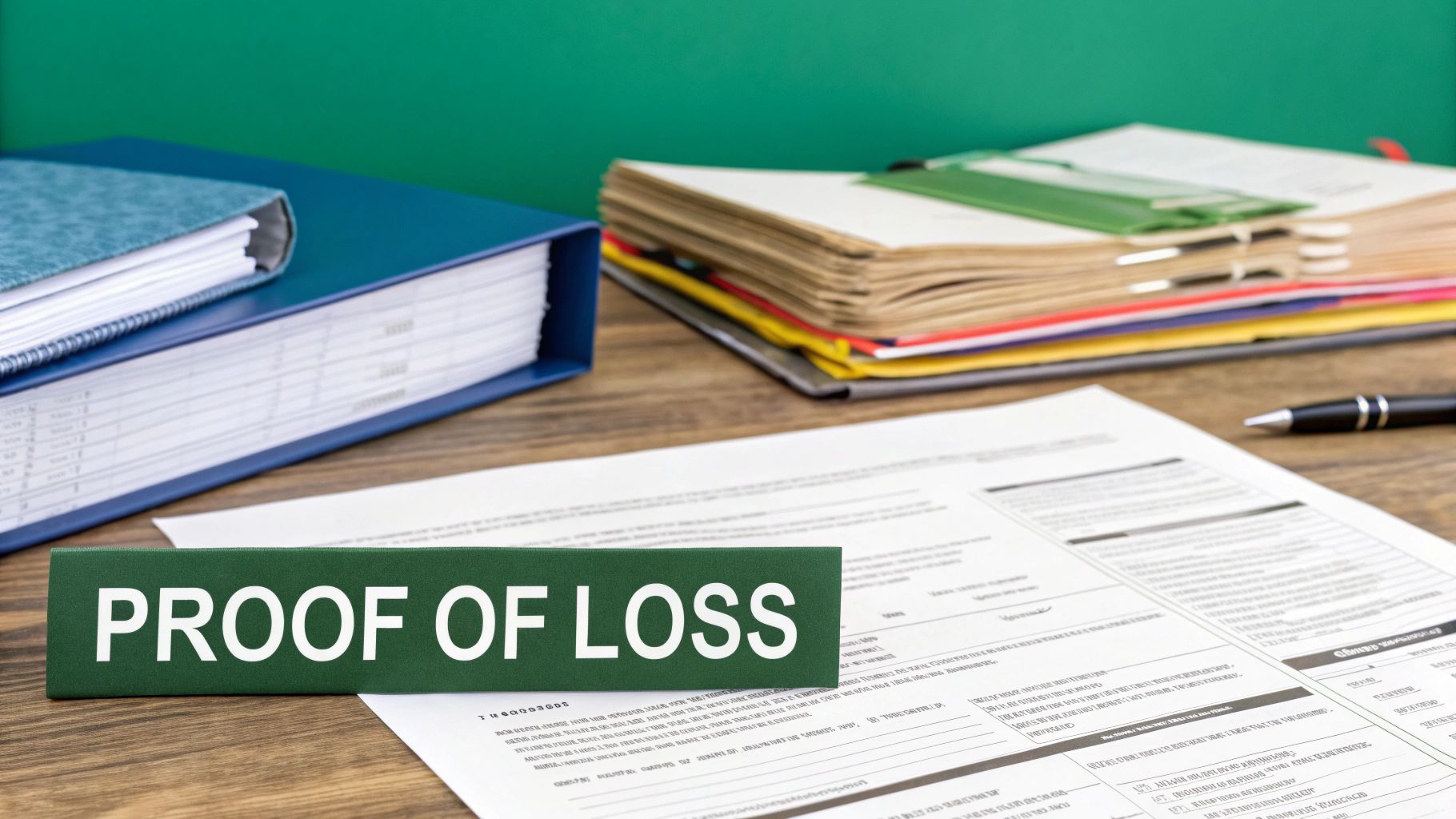 A person organizing documents and paperwork for an insurance claim on a desk.