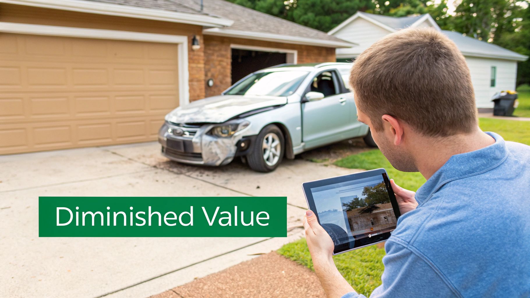 A man uses a tablet to document a severely damaged car parked in a driveway, illustrating diminished value.