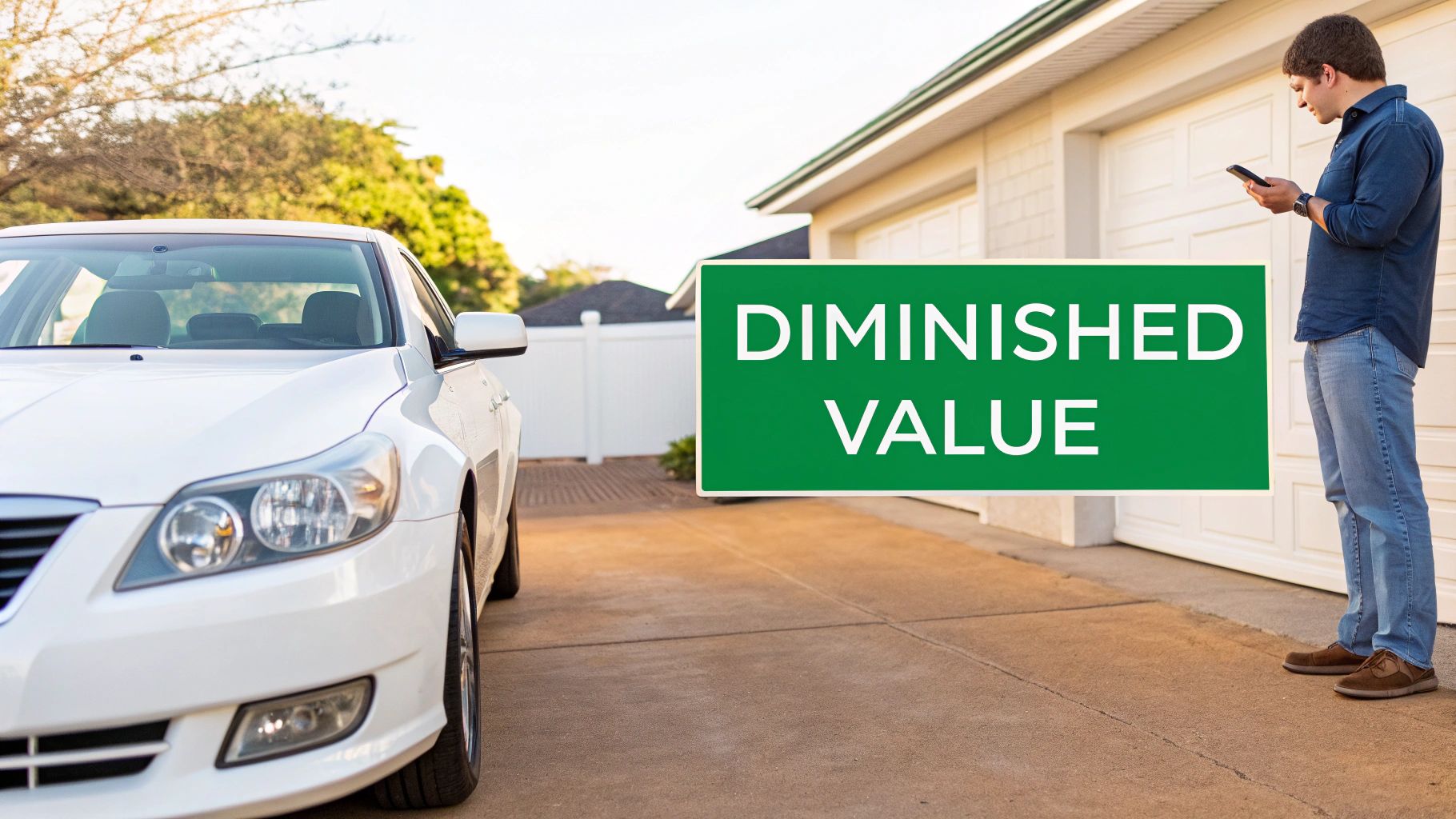 A man looking at his phone next to a garage, a white car, and a 'DIMINISHED VALUE' sign.
