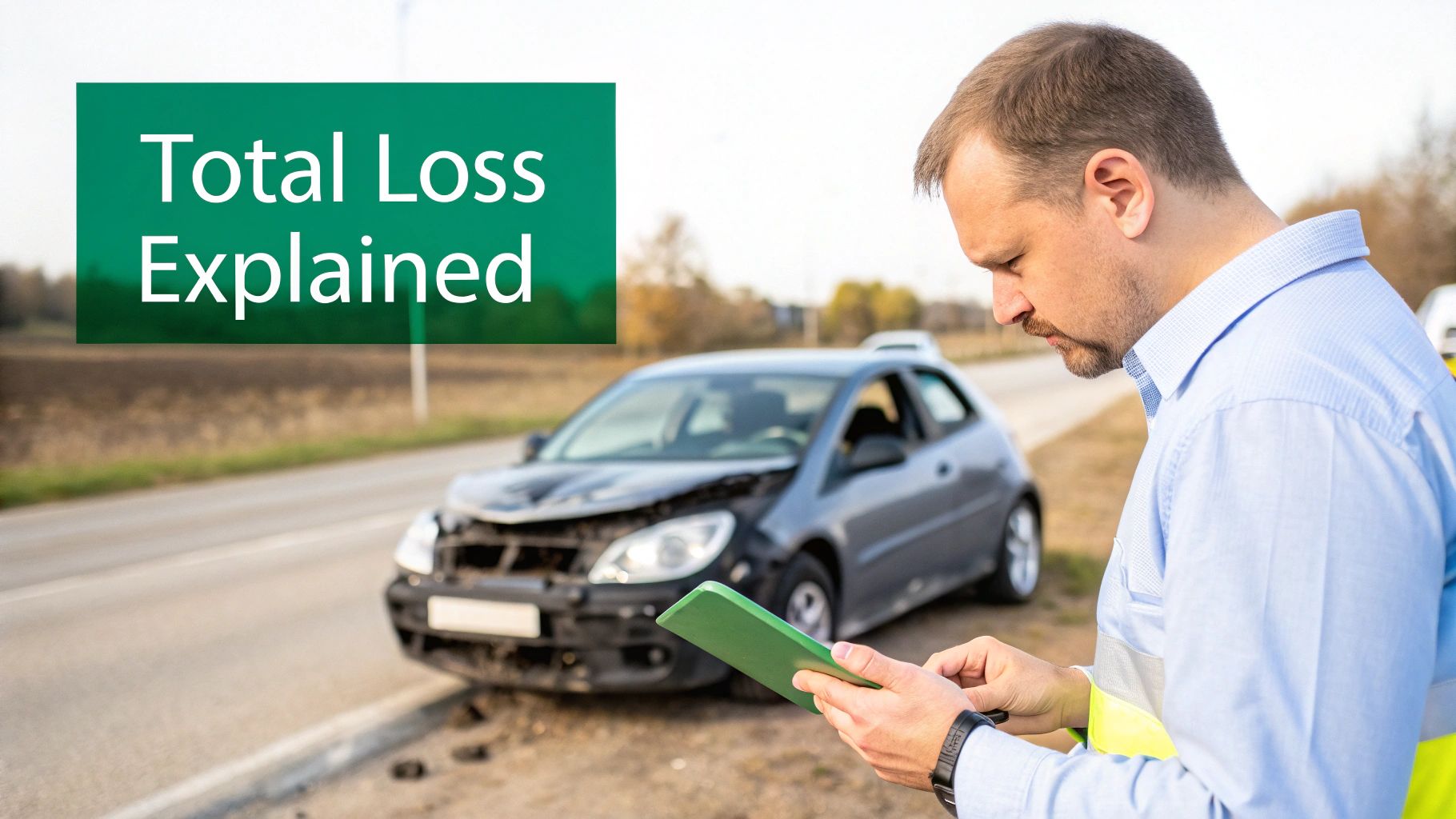 A man in a blue shirt assesses a severely damaged gray car on the roadside, implying a total loss evaluation.