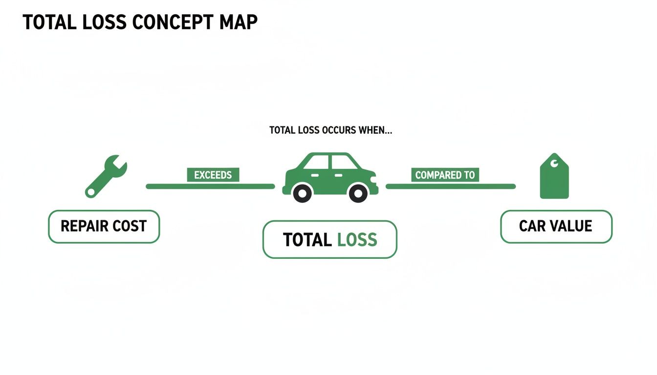 A total loss concept map illustrates when car repair cost exceeds the vehicle's value.
