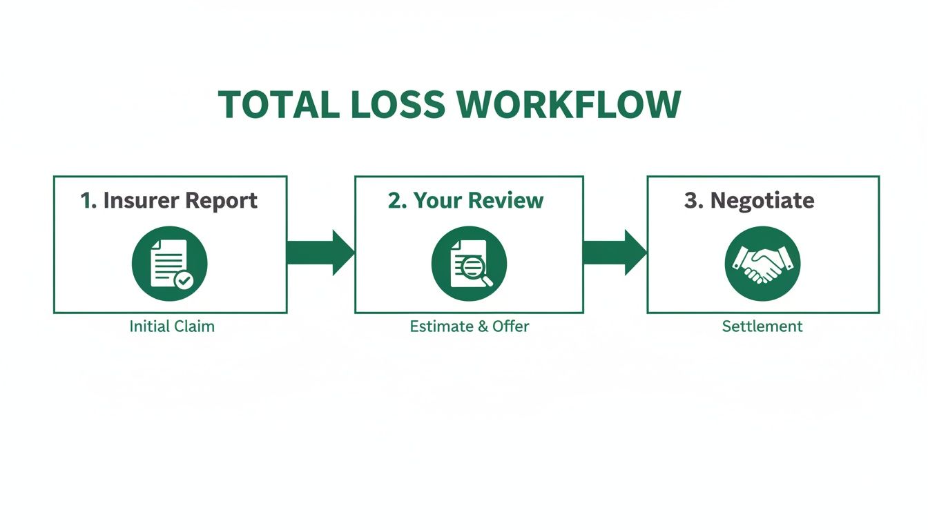Flowchart illustrating the total loss workflow with steps for insurer report, review, and negotiation for settlement.