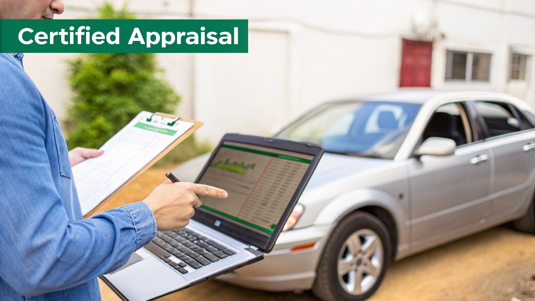 A professional inspects a silver car, holding a clipboard and pointing at appraisal data on a laptop.