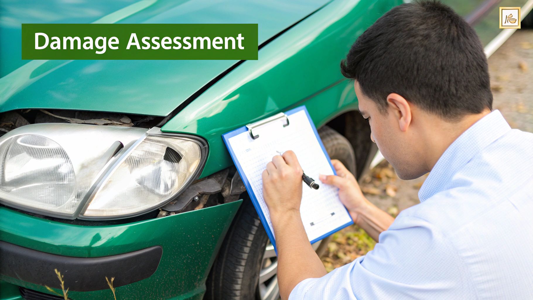 A close-up of a damaged car fender with a mechanic inspecting it.