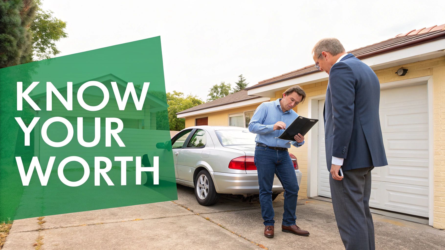 Two men inspecting a silver car in a driveway, one holding a clipboard, suggesting an appraisal.
