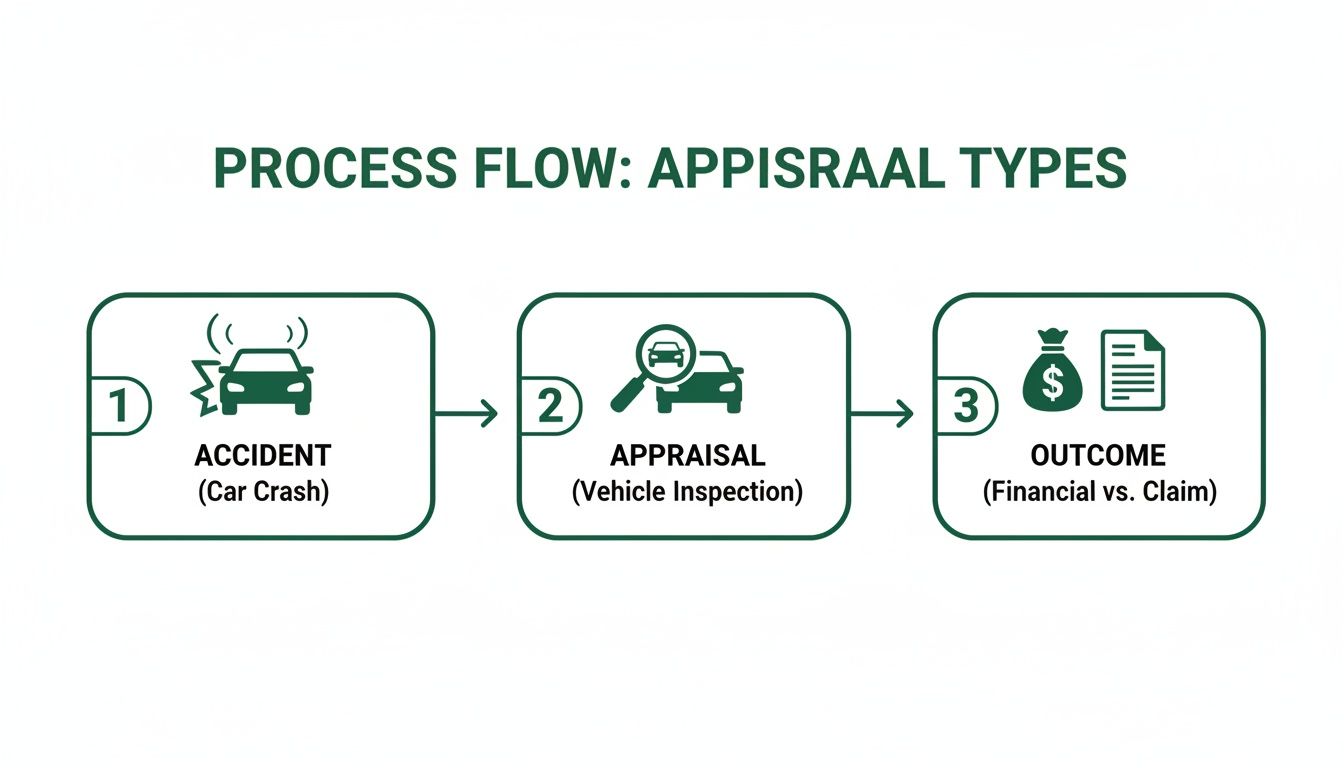 A process flow diagram shows three steps: accident (car crash), appraisal (vehicle inspection), and outcome.