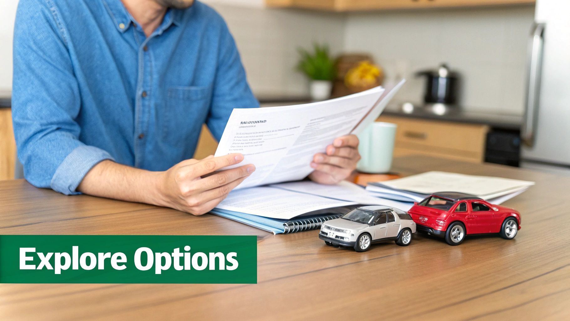 Man exploring car options with paperwork and toy cars on a wooden table in a kitchen.