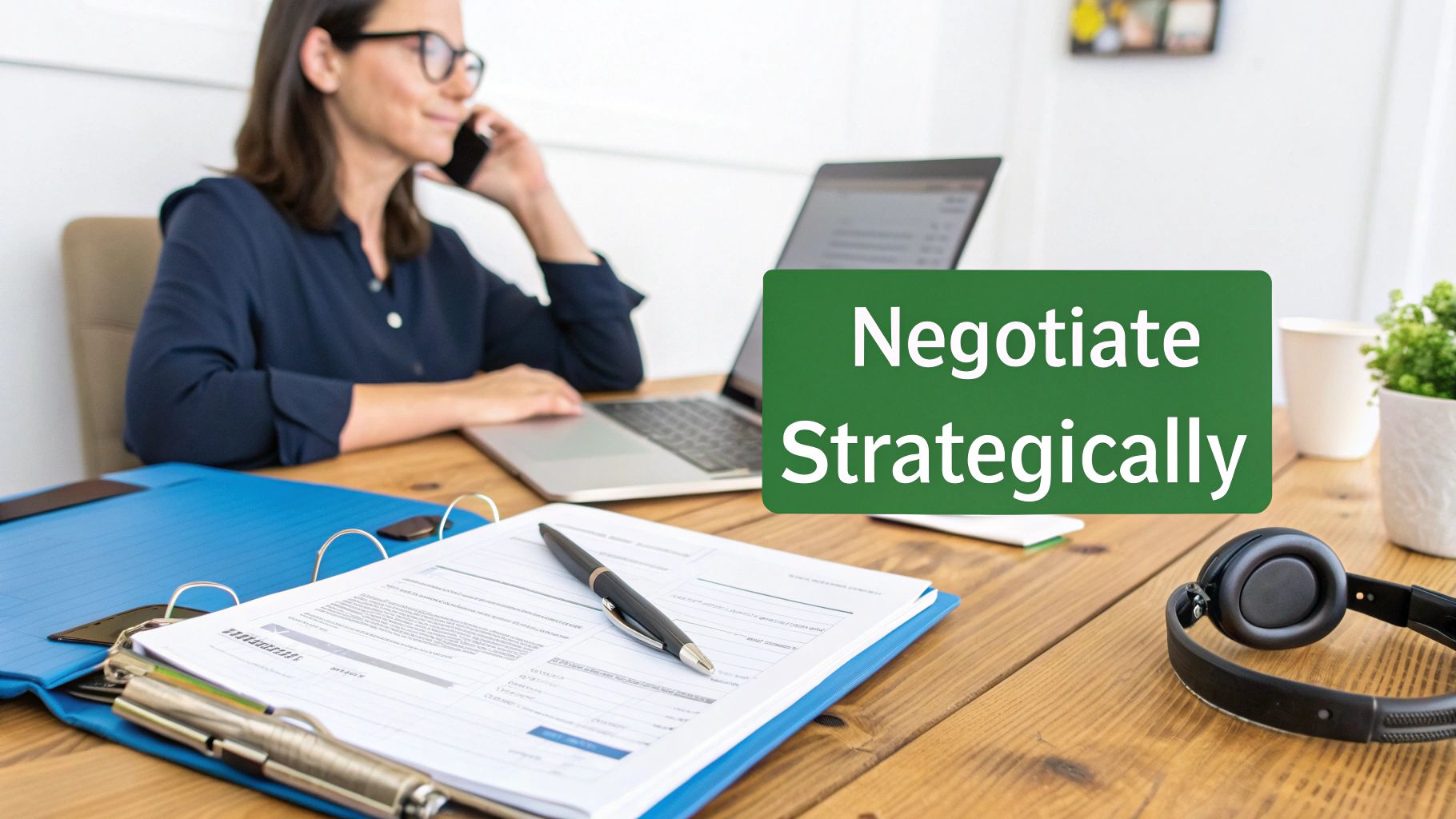 A woman on a phone call at a desk with documents and a laptop, next to a 'Negotiate Strategically' sign.