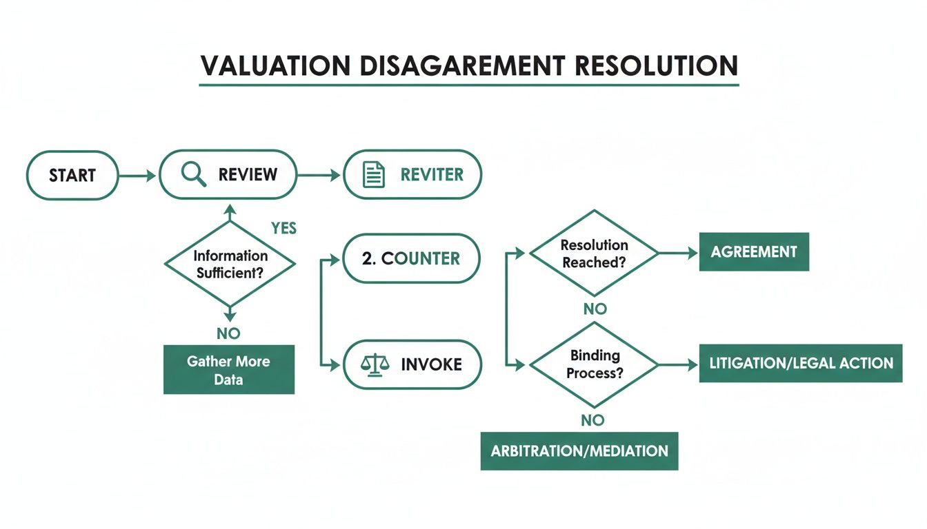 Flowchart illustrating the process for resolving valuation disagreements, from review to legal action.