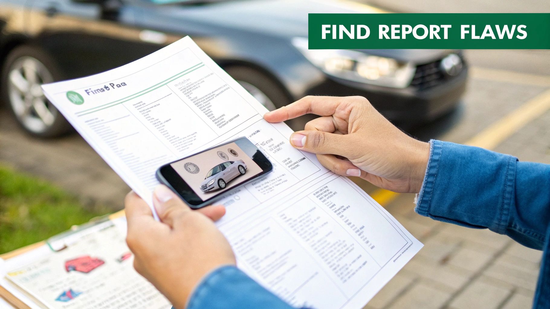 Person holding a car report document and smartphone displaying a car image, with a vehicle in the background.