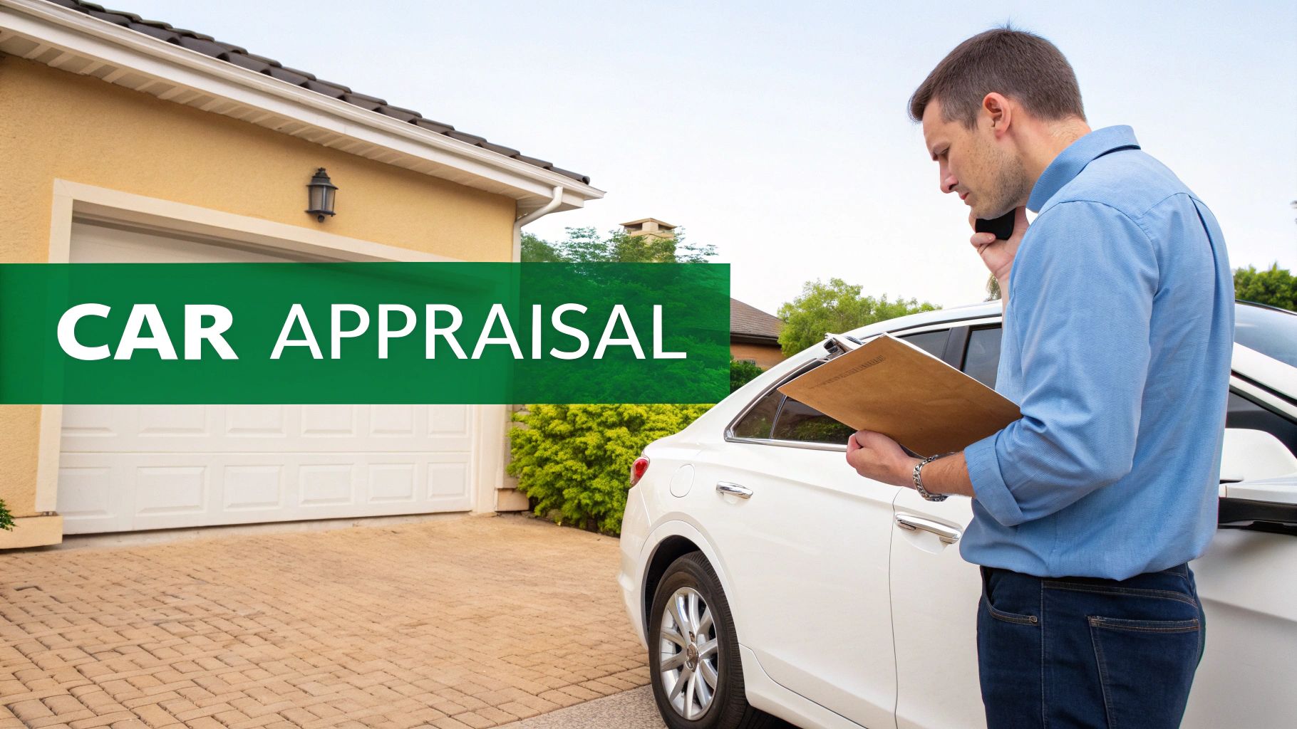 A man holding a clipboard and talking on a phone next to a white car for appraisal.