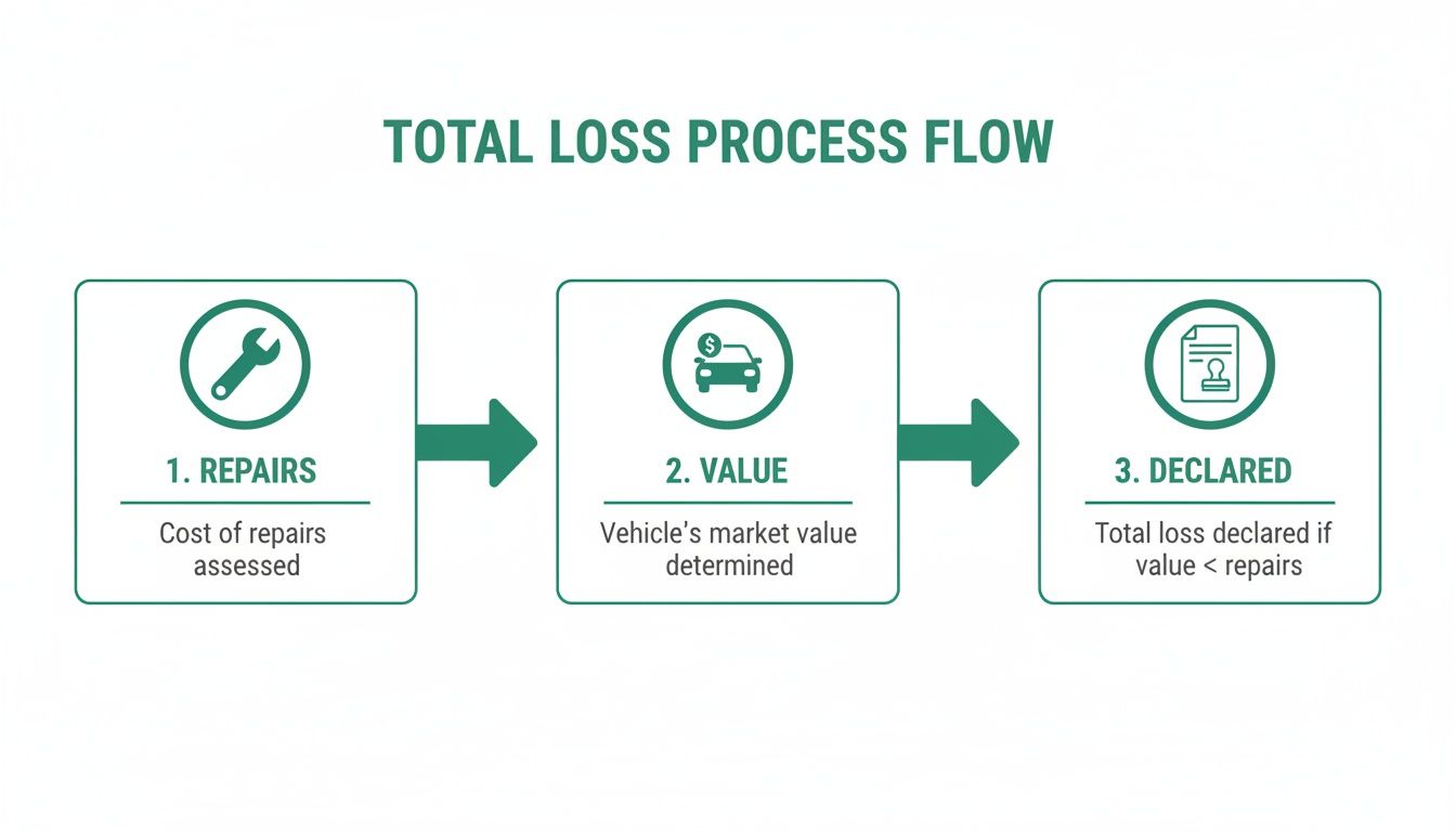 Flowchart illustrating the total loss process for a vehicle, from repairs assessment to market value and declaration.