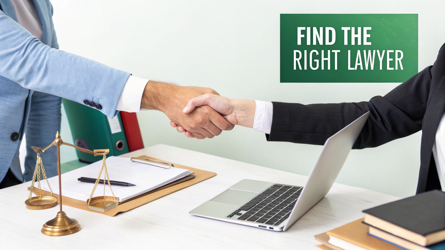 Two professionals in a law office shaking hands across a desk with legal scales.