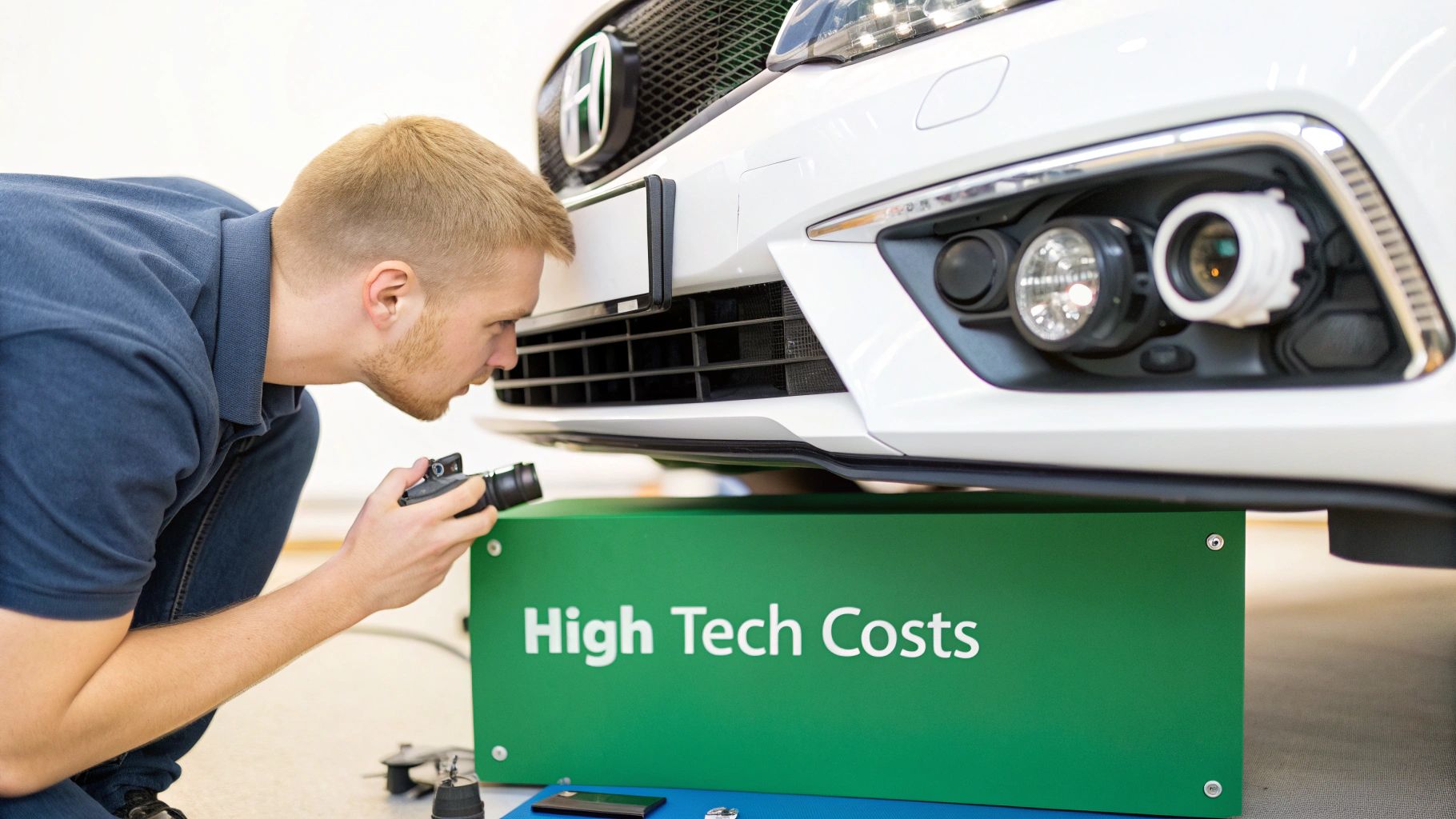 A shiny new red car with a dent in the front fender