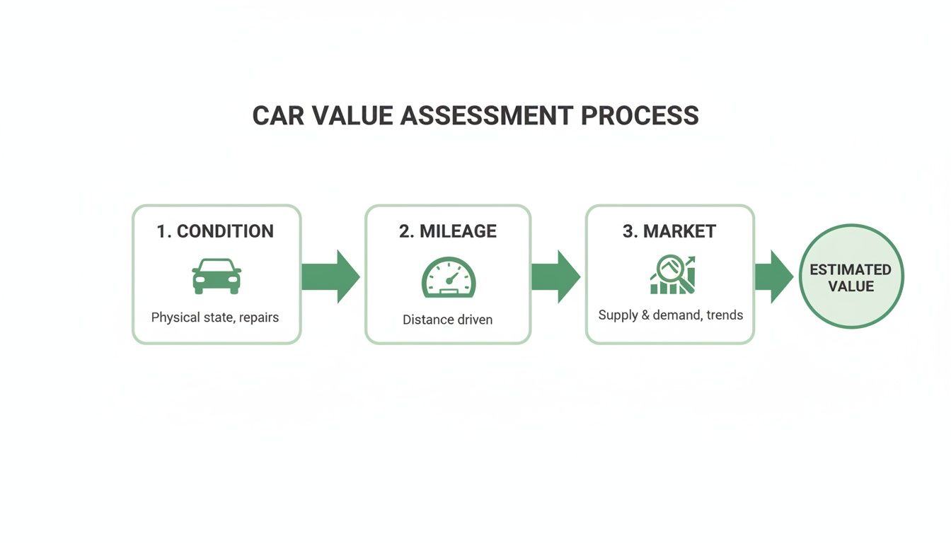 Flowchart illustrating the car value assessment process, detailing factors like condition, mileage, and market analysis leading to an estimated value.