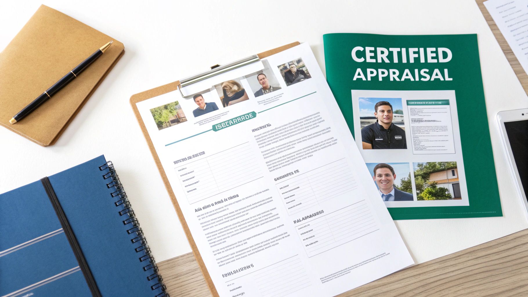 An overhead view of a a 'CERTIFIED APPRAISAL' document on a desk, a clipboard, notebooks, and a pen.
