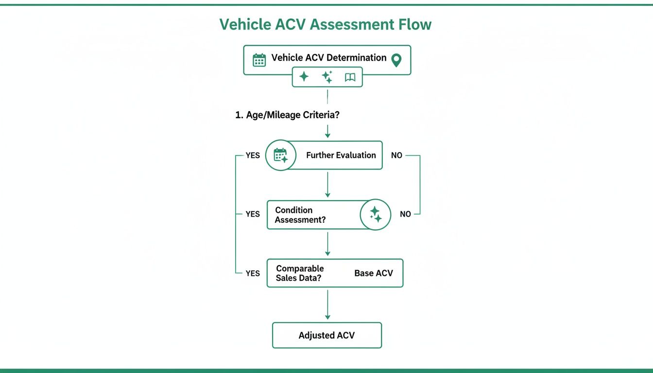 Flowchart illustrating the step-by-step process for vehicle Actual Cash Value (ACV) assessment.
