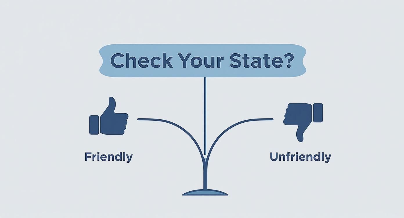 A decision tree infographic helping vehicle owners determine if their state's laws are friendly or unfriendly to diminished value claims.