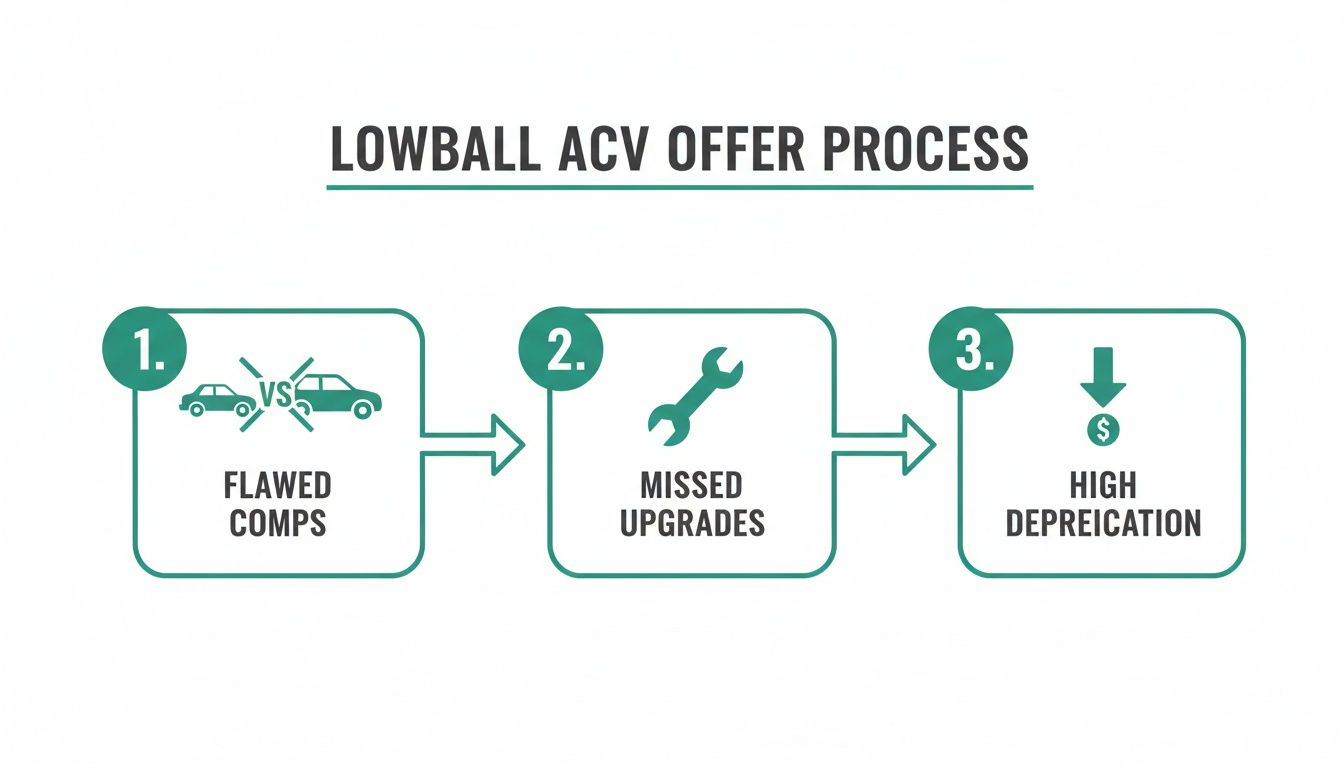 Flowchart illustrating the lowball actual cash value offer process through flawed comps, missed upgrades, and high depreciation.