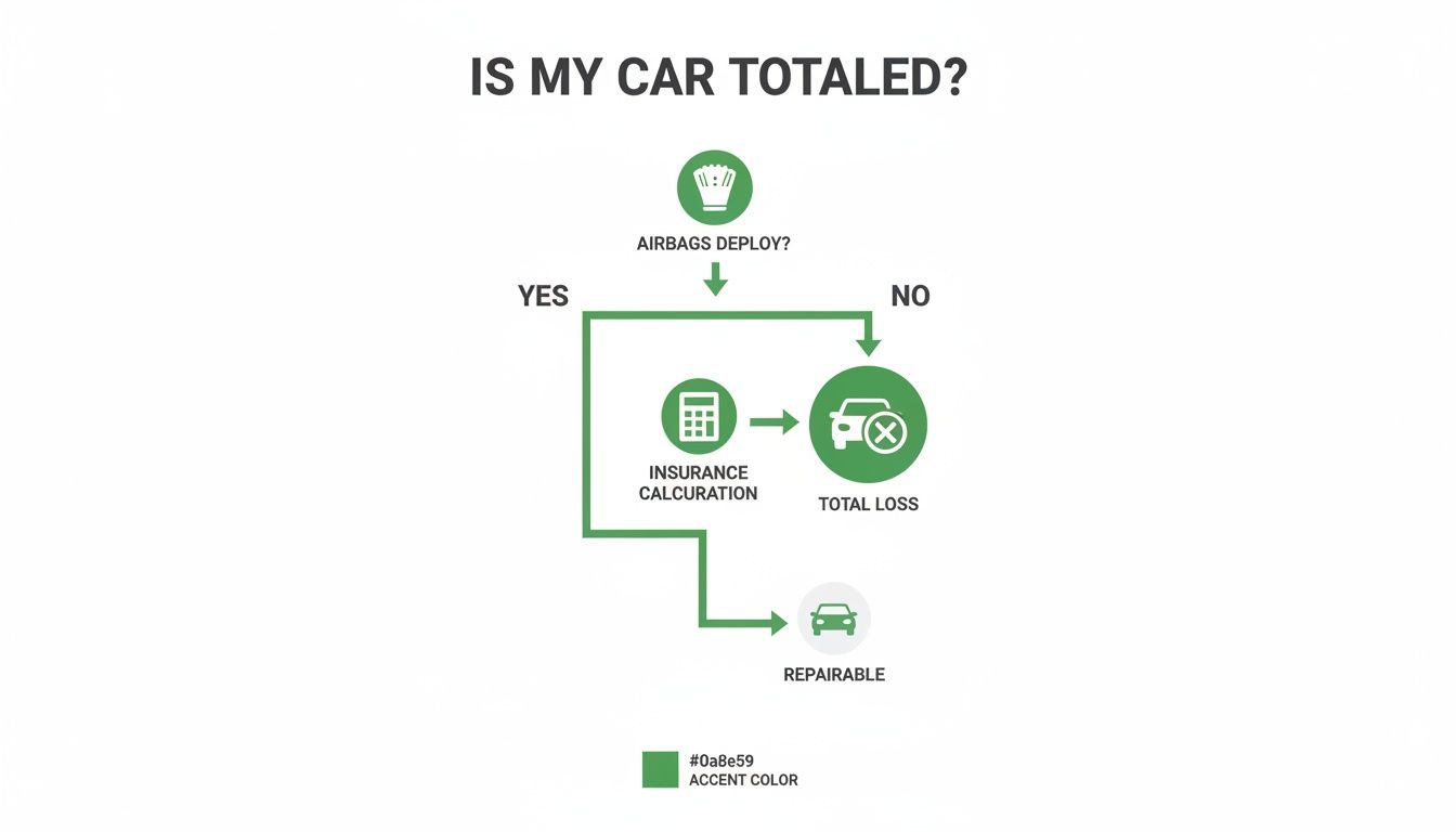 Flowchart explaining if a car is totaled based on airbag deployment and insurance assessment.