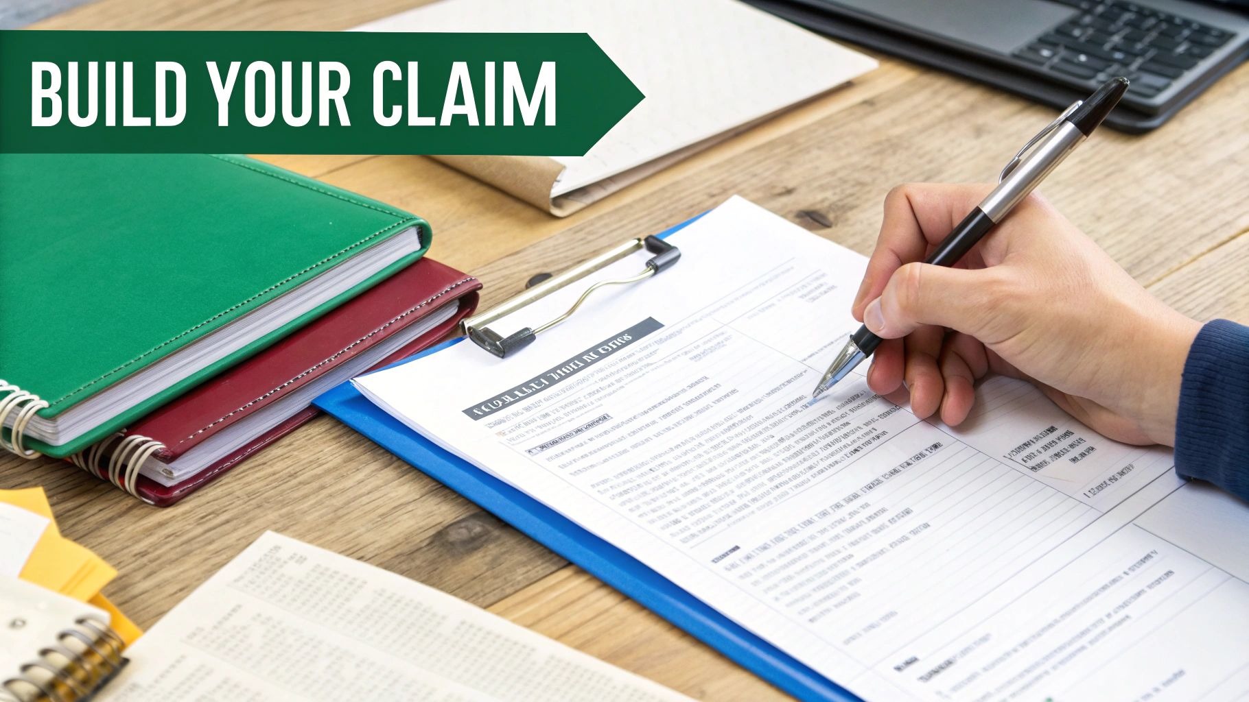 Close-up of a person's hand writing on a claim document on a wooden desk with notebooks.