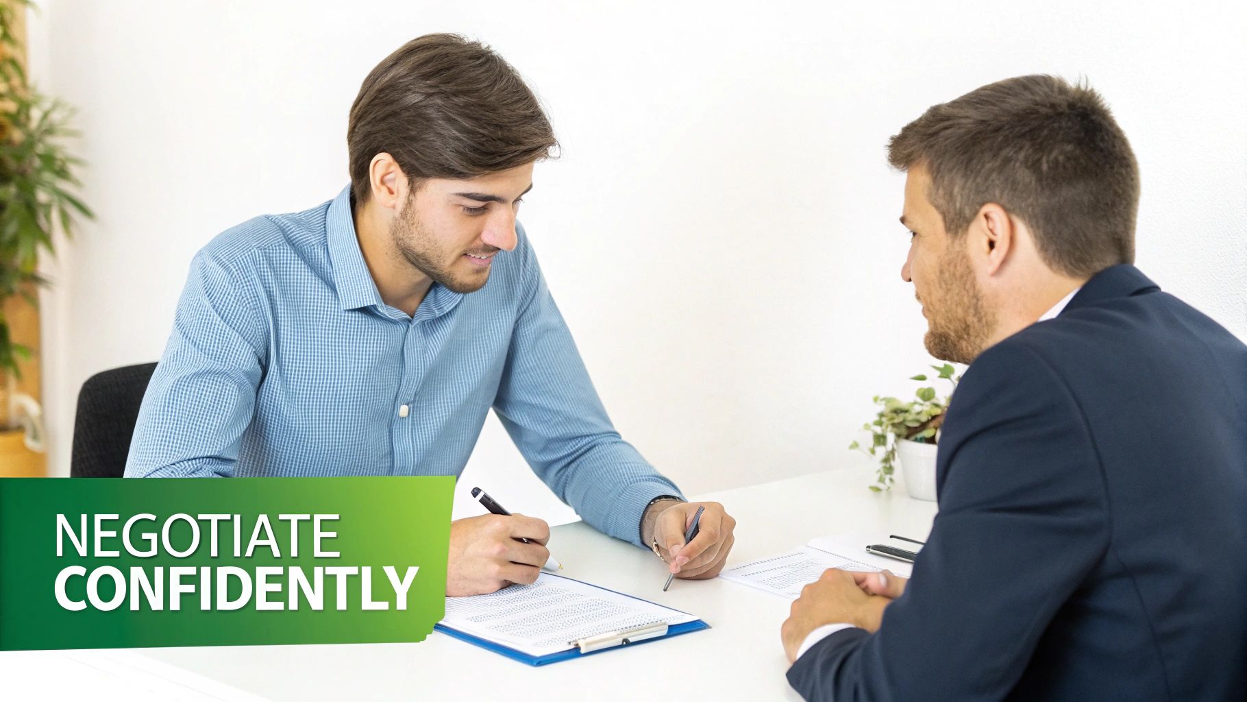 Two men sit at a white table, one signing a document and the other observing, with text 'NEGOTIATE CONFIDENTLY'.