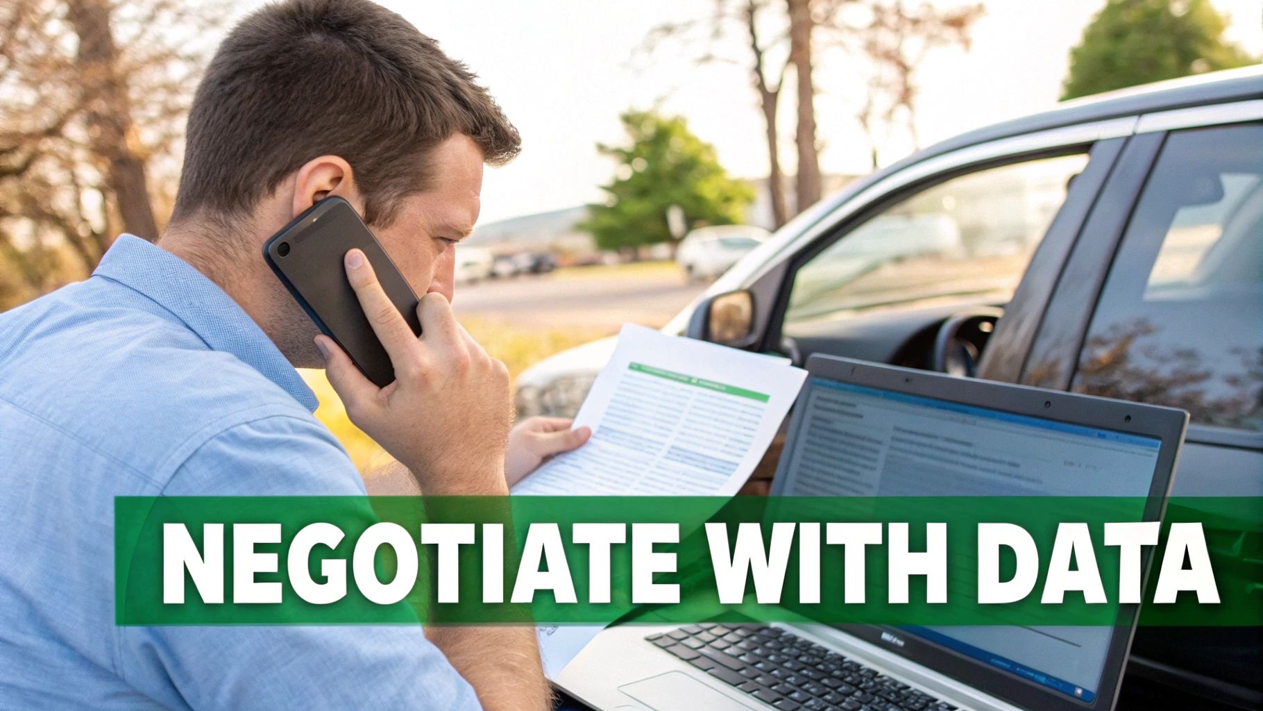 A man talks on a phone while reviewing documents and working on a laptop outdoors next to a car.