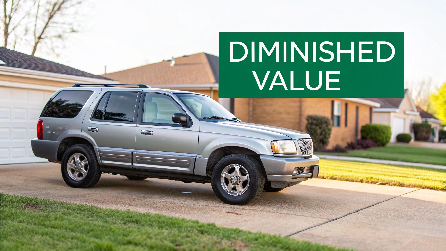 A silver SUV parked on a driveway in a residential area with a green text overlay "DIMINISHED VALUE".