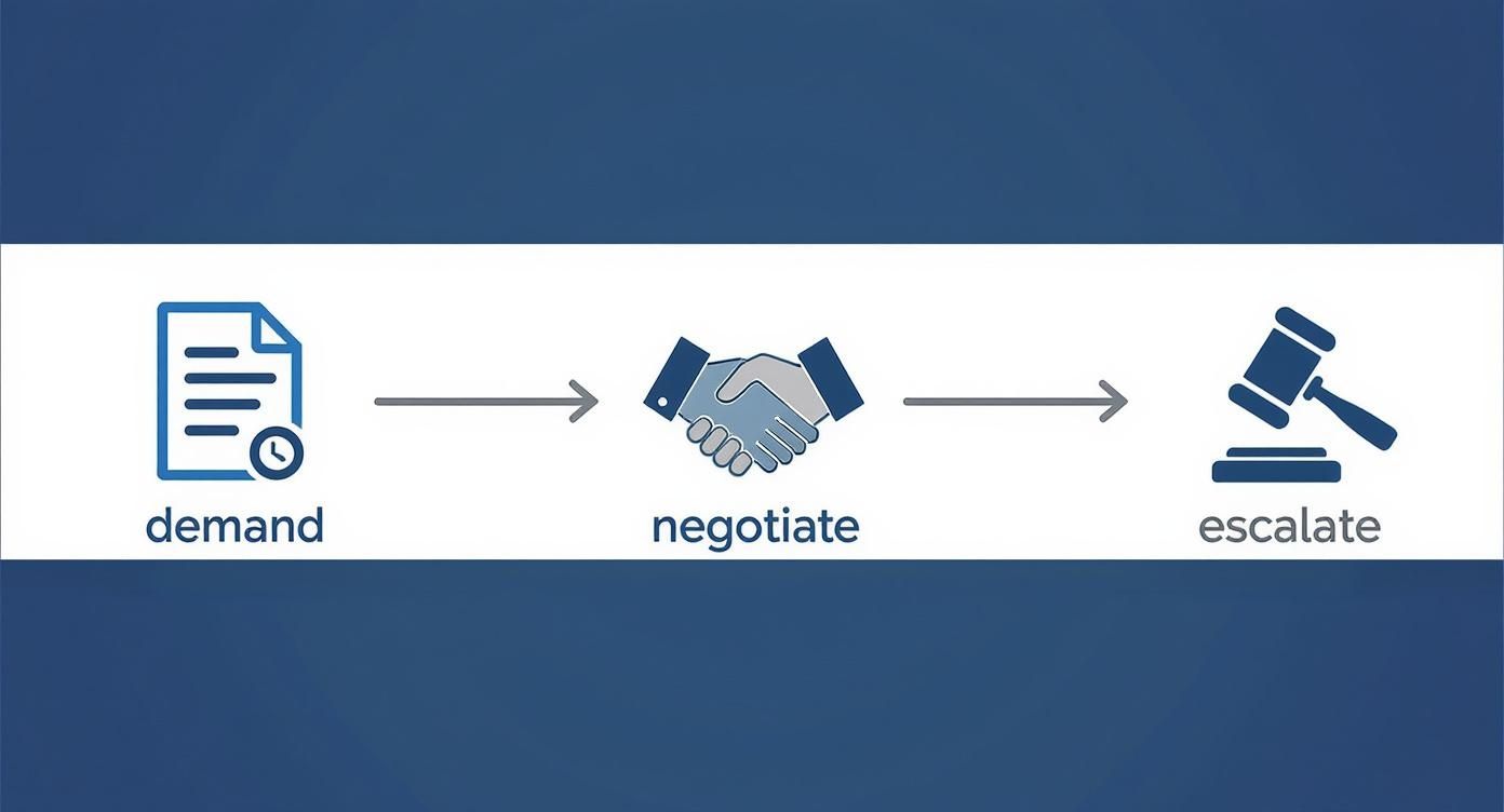 An infographic showing the process flow of a diminished value claim, with steps for demand, negotiation, and legal escalation.